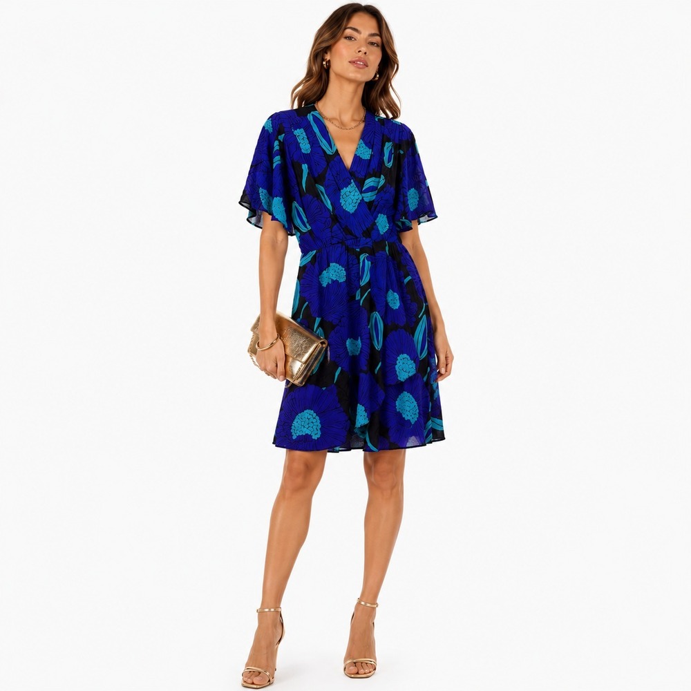 Trina Turk Silk Blend Floral Dress Womens 4 Purple‎ Blue Flutter Sleeve Cocktail